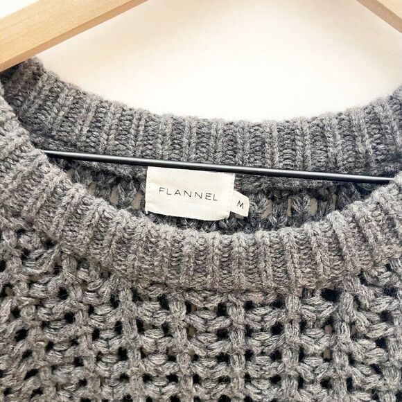 Flannel Chunky Open Crochet Knit Wool Blend Crew Neck Pullover Sweater Gray M - Picture 5 of 6